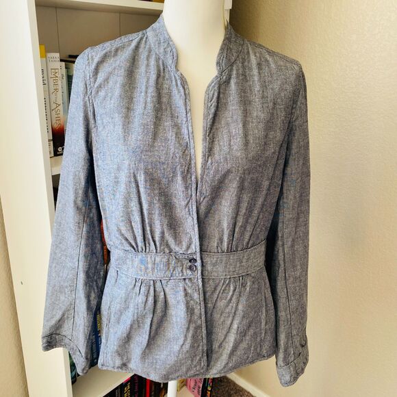 NWT Eileen Fisher Chambray Blue Gray Peplum Stand Collar Jacket Size Medium - Picture 3 of 11